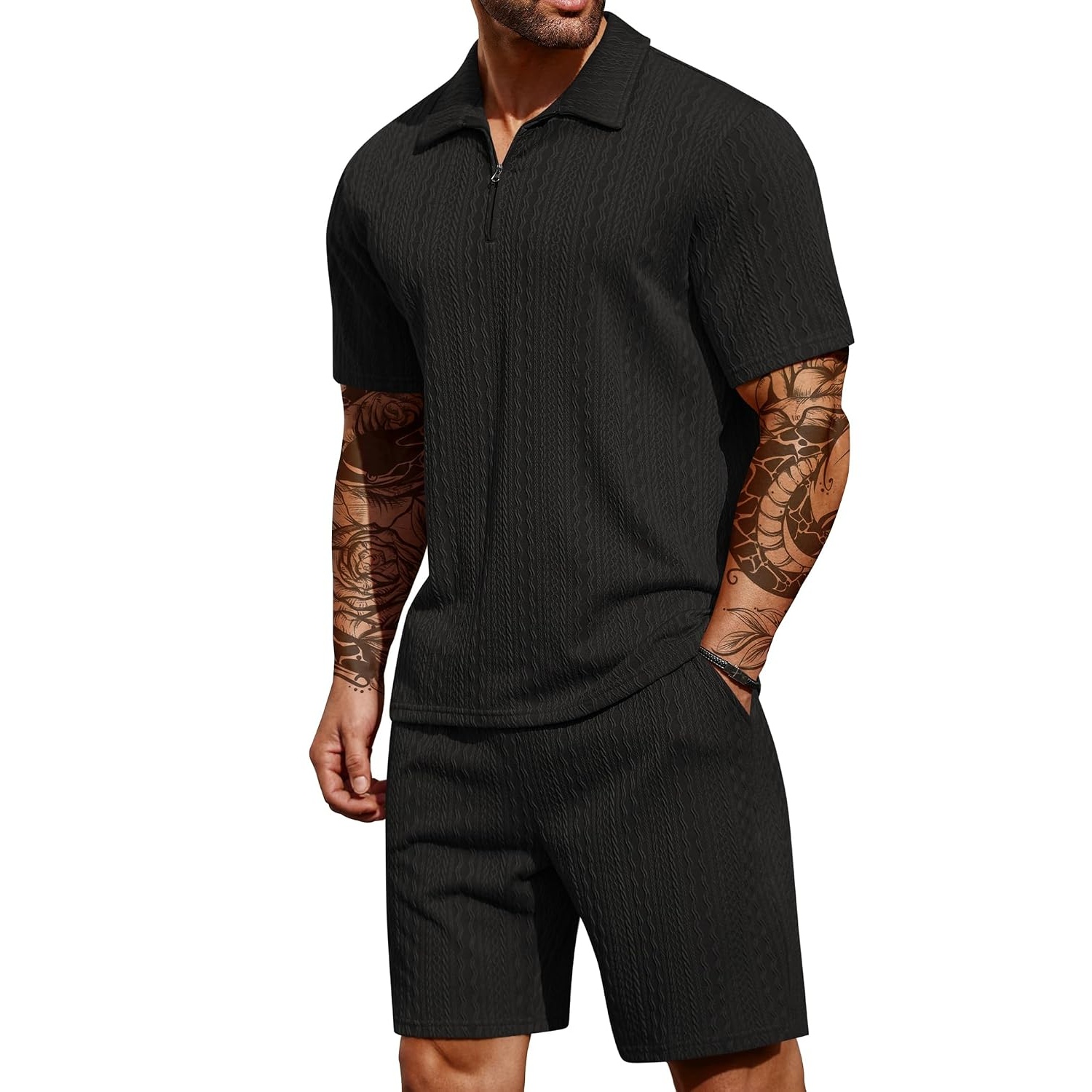 Casual Summer Athletic Quarter Shorts And Polo Shirt Set For Men