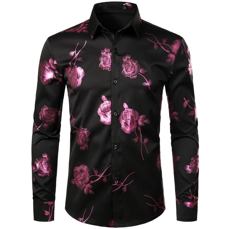 Slim Fit 3D Rose Print Long Sleeve Casual Shirt For Men