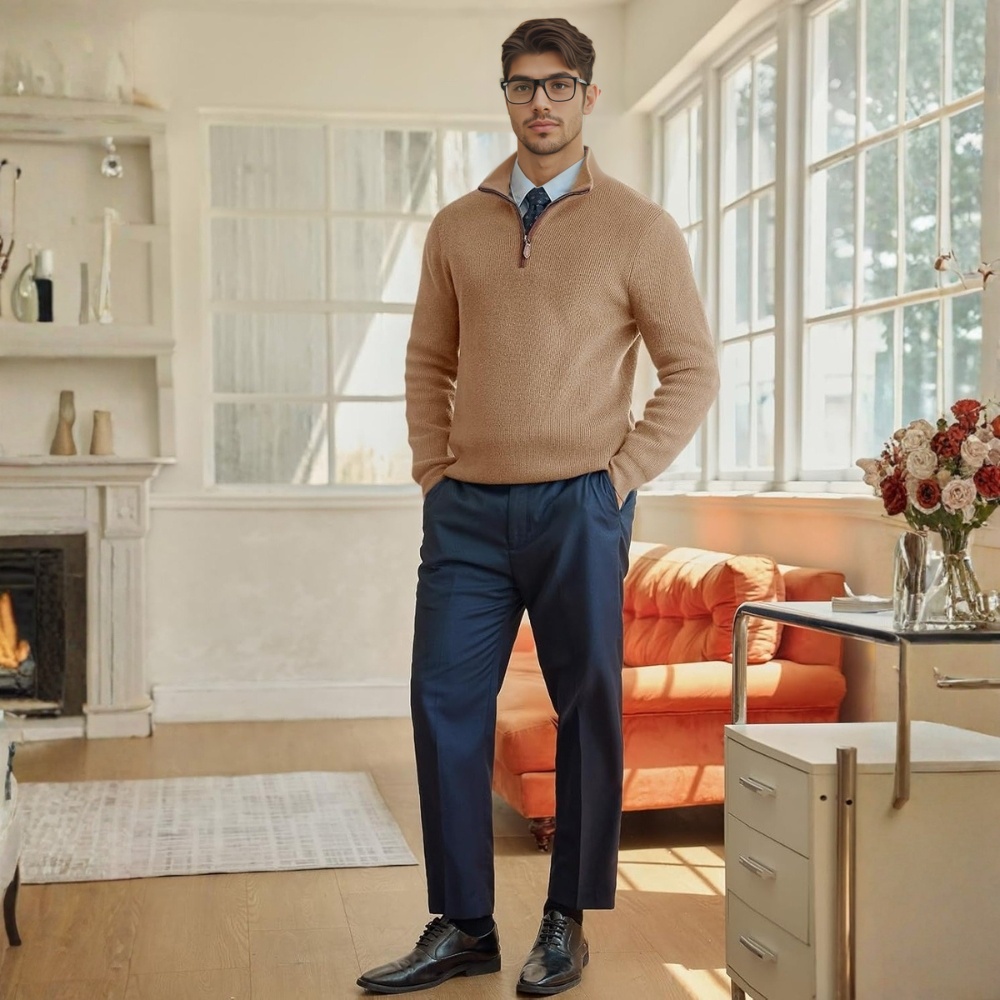 Mens Quarter-Zip Pullover Sweater Casual Mock Neck Warm Ribbed Polo Sweaters