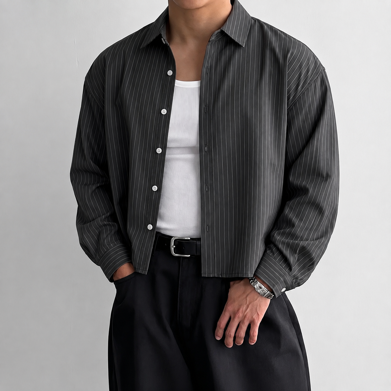  Minimalist Striped Long Sleeve Button Up Cropped Top Shirt For Men