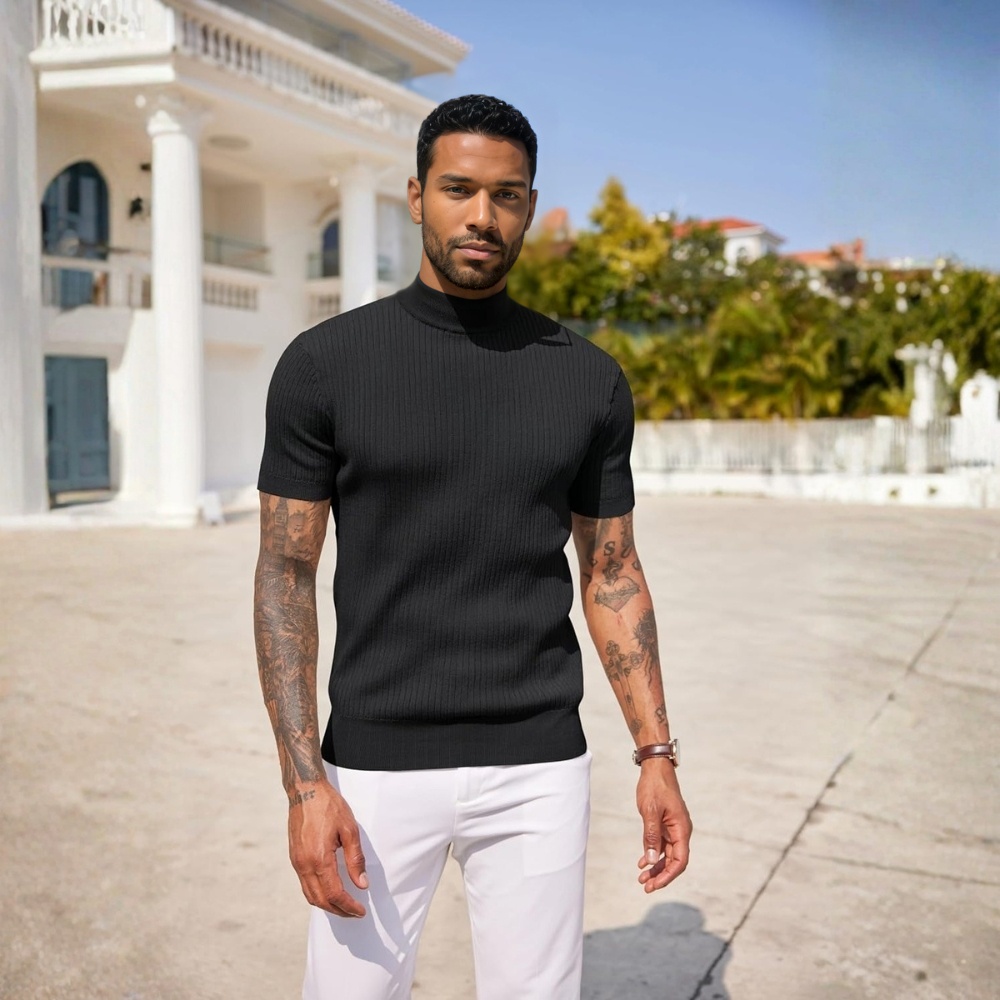 Men's Mock Turtleneck Sweater Short Sleeve Casual Basic Tops Ribbed Knit Pullover Solid Tee