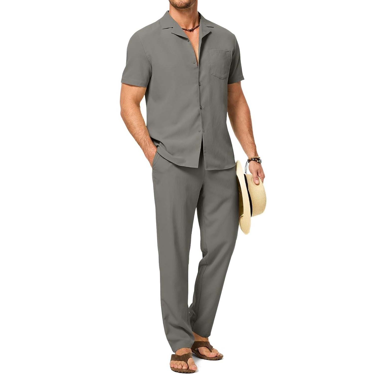 Casual Beach Short Sleeve Shirt And Pant Set For Men