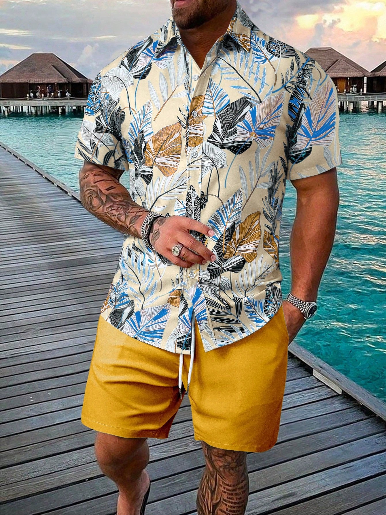Leaf Print Short Sleeve Shirt And Shorts Set-Vacay Outfit