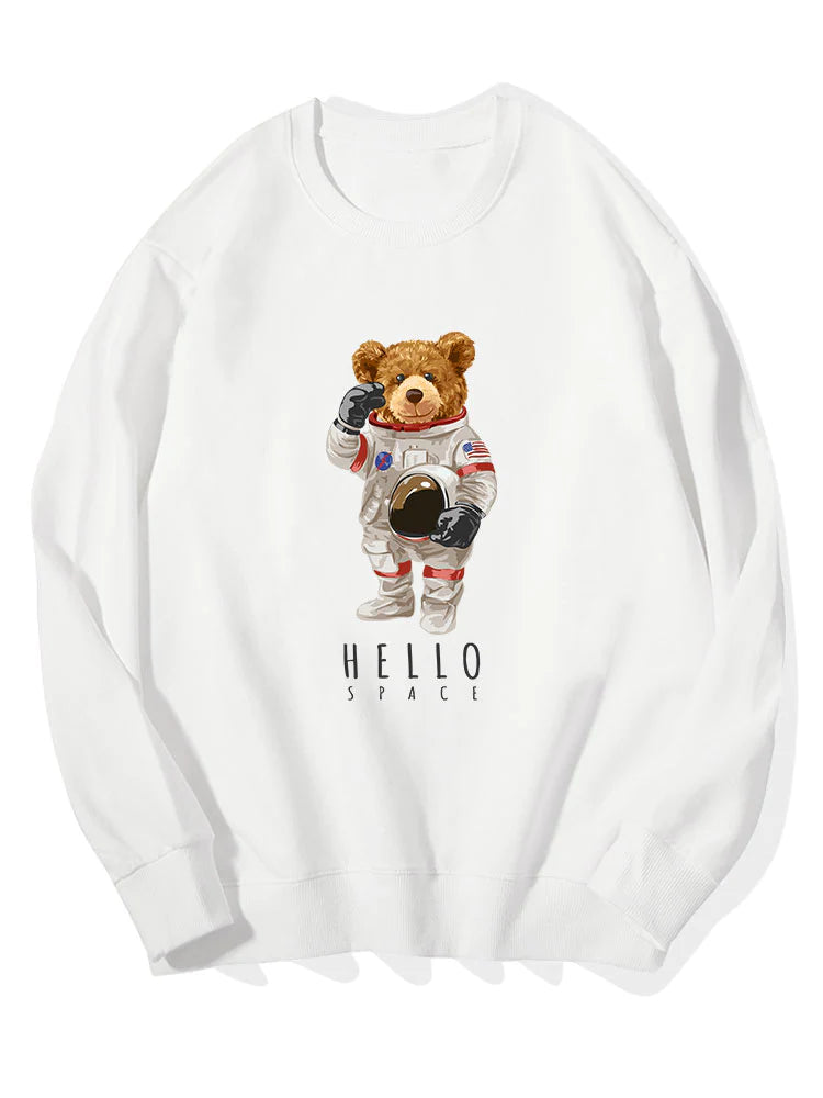 Astronaut Bear Print Cotton Sweatshirt-Vacay Outfit