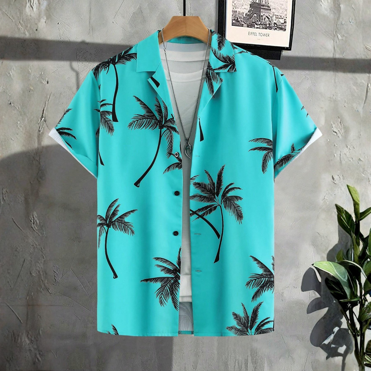 Tropical Plant Print Short Sleeve Summer Button Shirt For Men