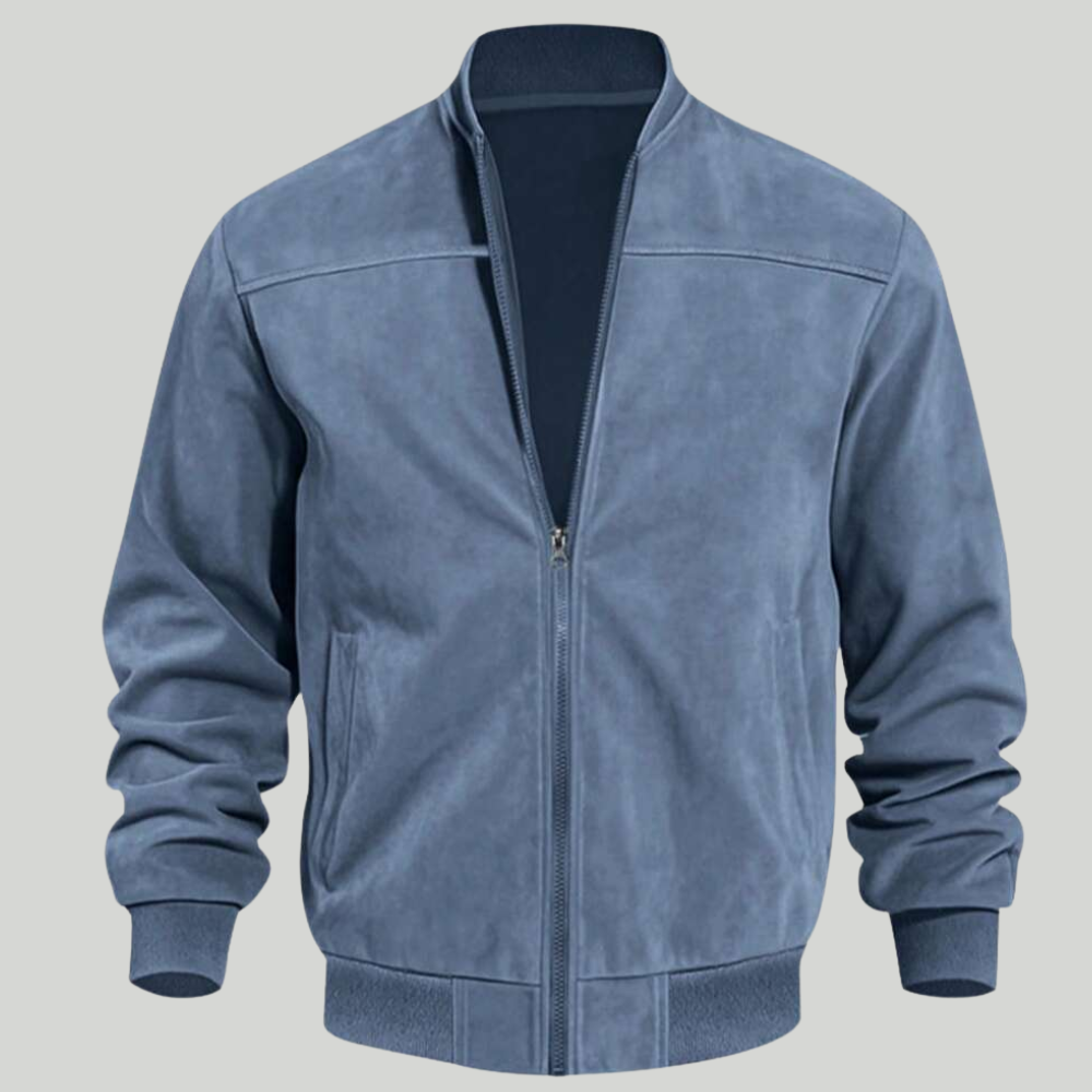 Suede Bomber Jacket With Full Zip Stand Collar For Men