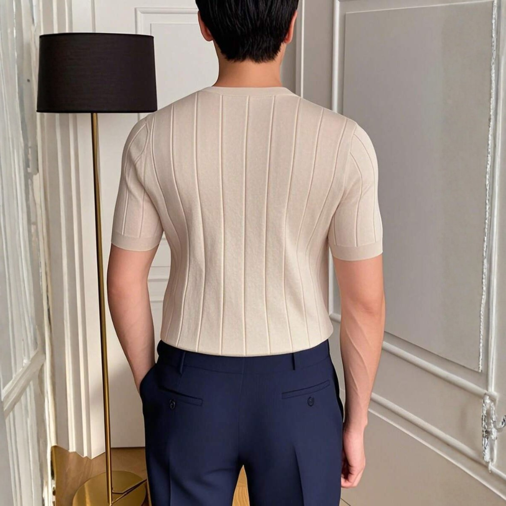 Short Sleeve Solid Knit Vertical Striped Top For Men