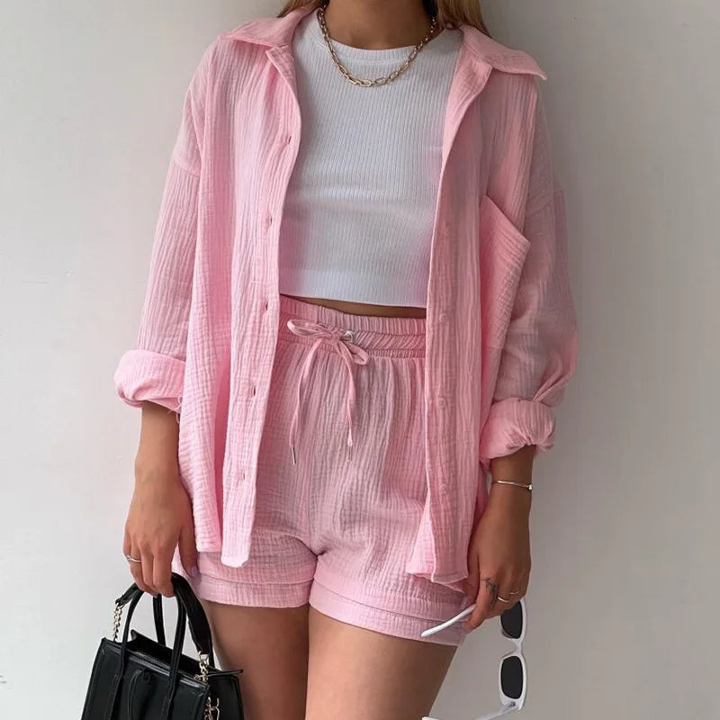 Casual Long Sleeve Two Piece Short Set-Vacay Outfit