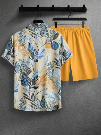 Leaf Print Short Sleeve Shirt And Shorts Set-Vacay Outfit