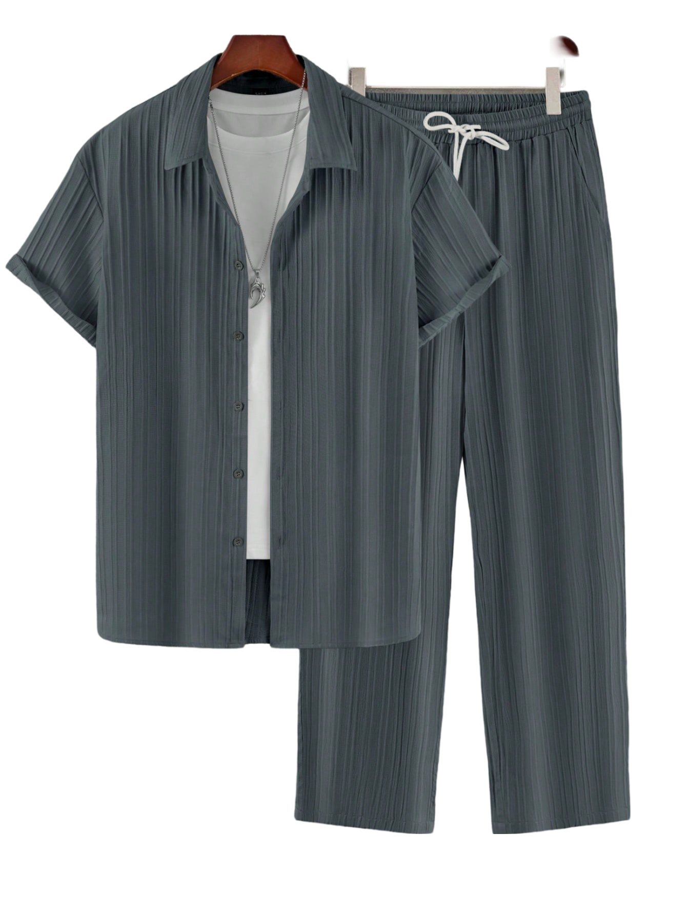 Solid Colored Button Up Shirt And Pants Without Tee-Vacay Outfit