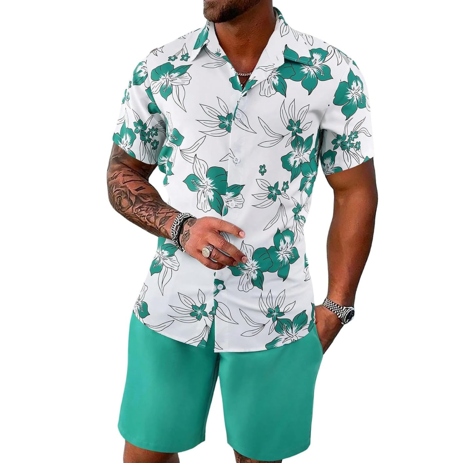 2 Pieces Button Down Shirt and Short Vacation Outfits Set