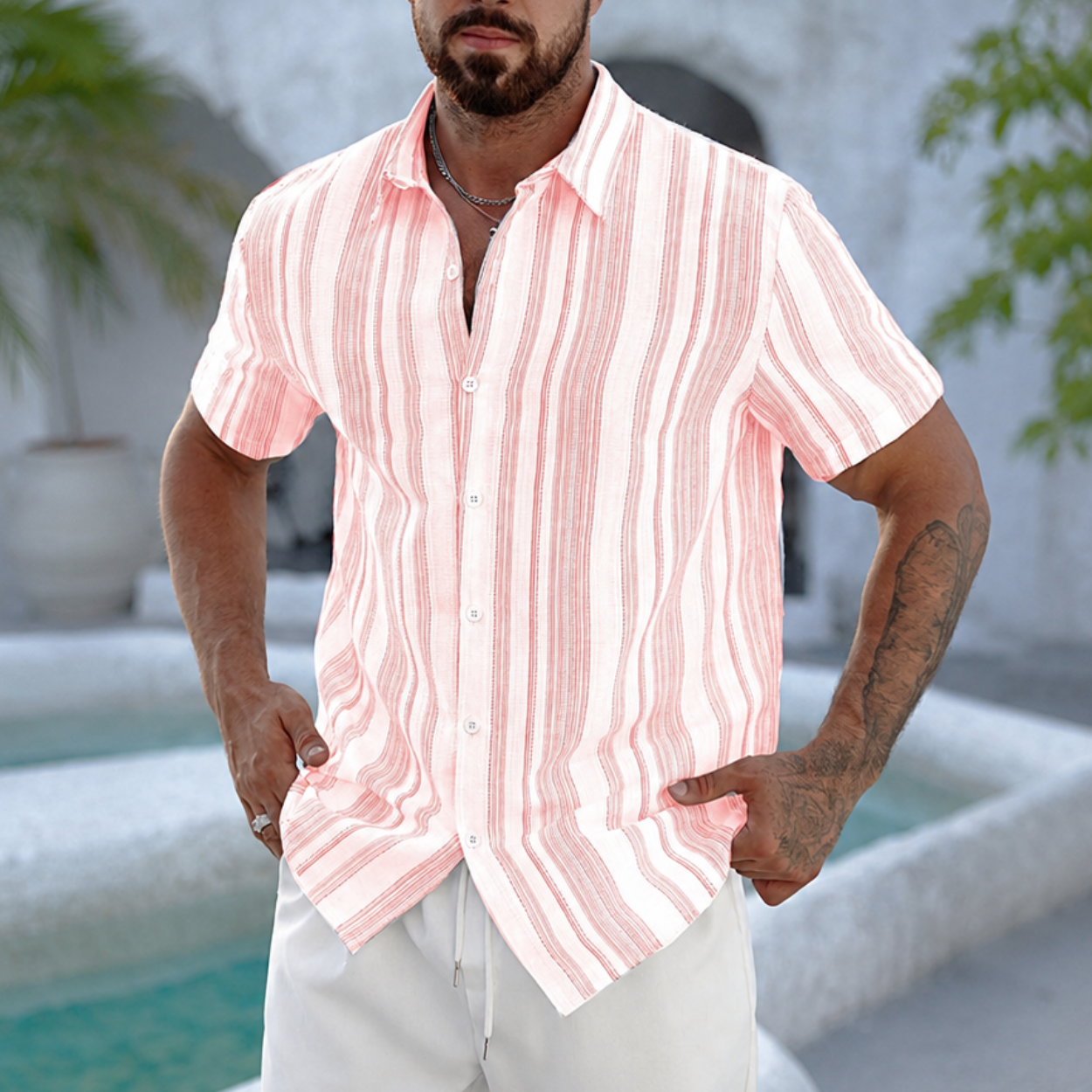 Striped Pattern Short Sleeve Button Up Shirt For Men