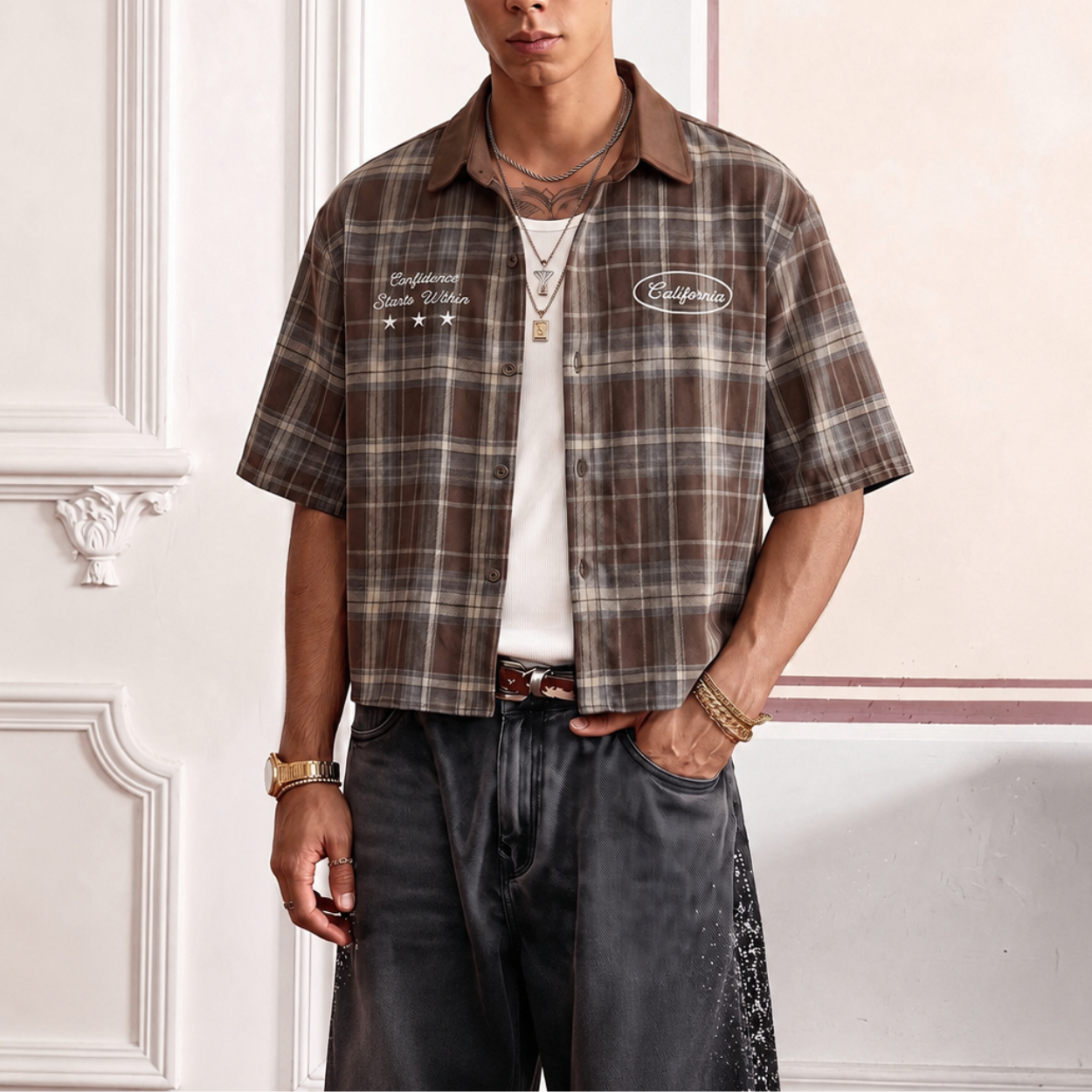 Loose Fit Plaid Pattern Short Sleeve Shirt For Men