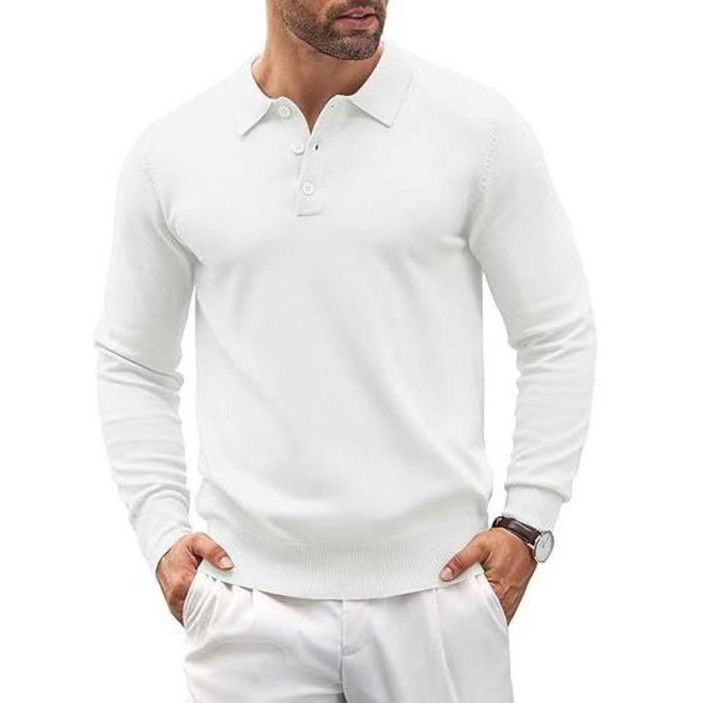 Long Sleeve Front Buttoned Knit Polo Shirt For Men