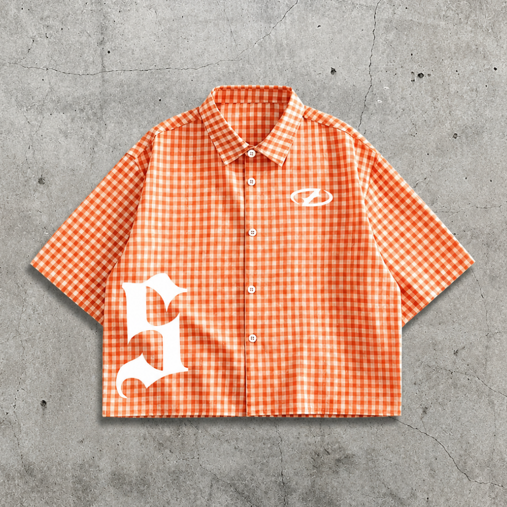Plaid Graffiti Print Short Sleeve Button Up Streetwear Shirt for Men