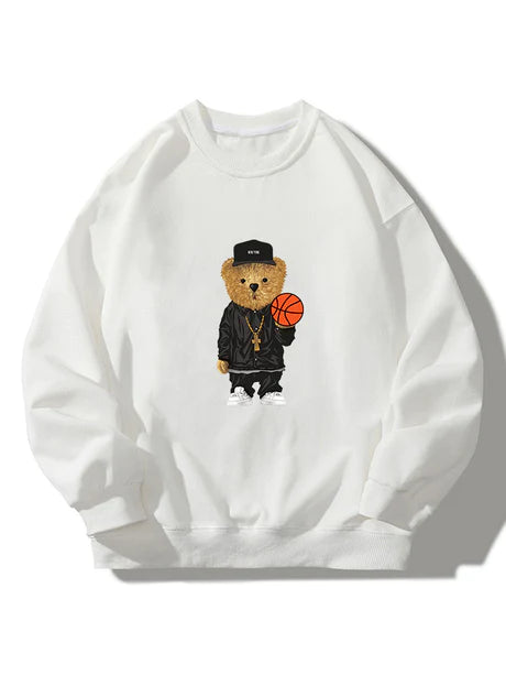 Basketball Bear Print Crew Neck Sweatshirt-Vacay Outfit