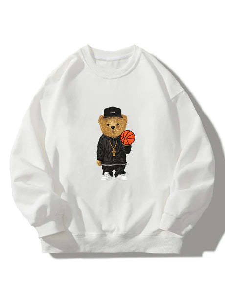 Basketball Bear Print Crew Neck Sweatshirt-Vacay Outfit
