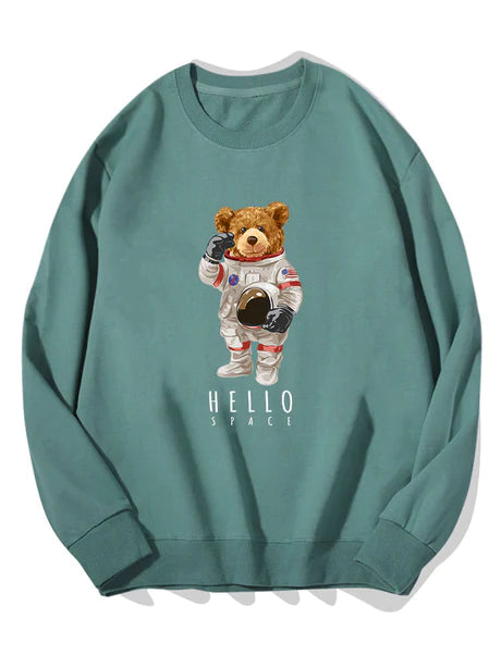 Astronaut Bear Print Cotton Sweatshirt-Vacay Outfit
