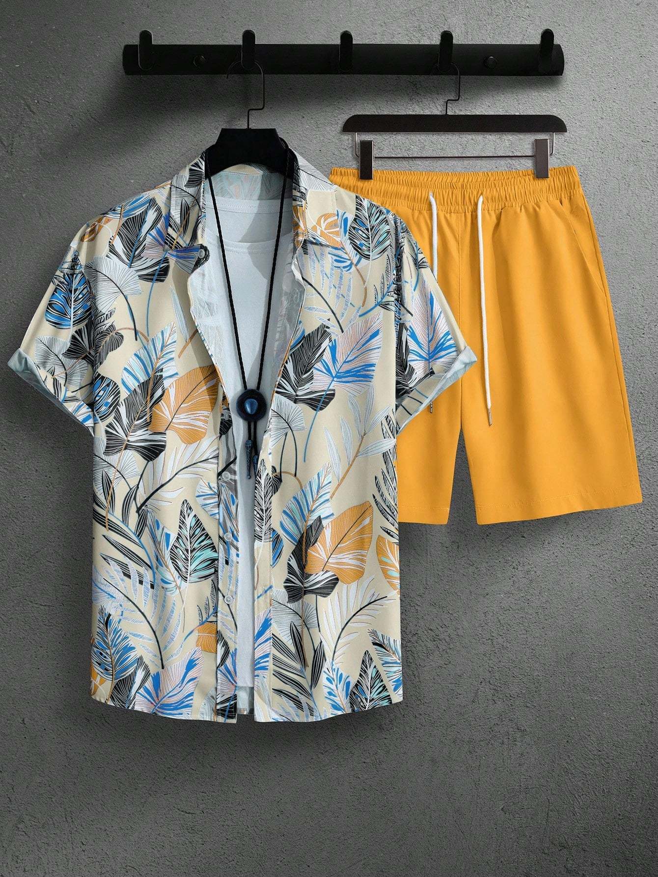 Leaf Print Short Sleeve Shirt And Shorts Set-Vacay Outfit