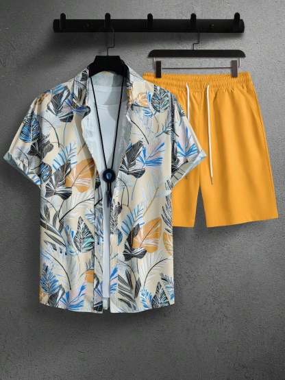 Leaf Print Short Sleeve Shirt And Shorts Set-Vacay Outfit