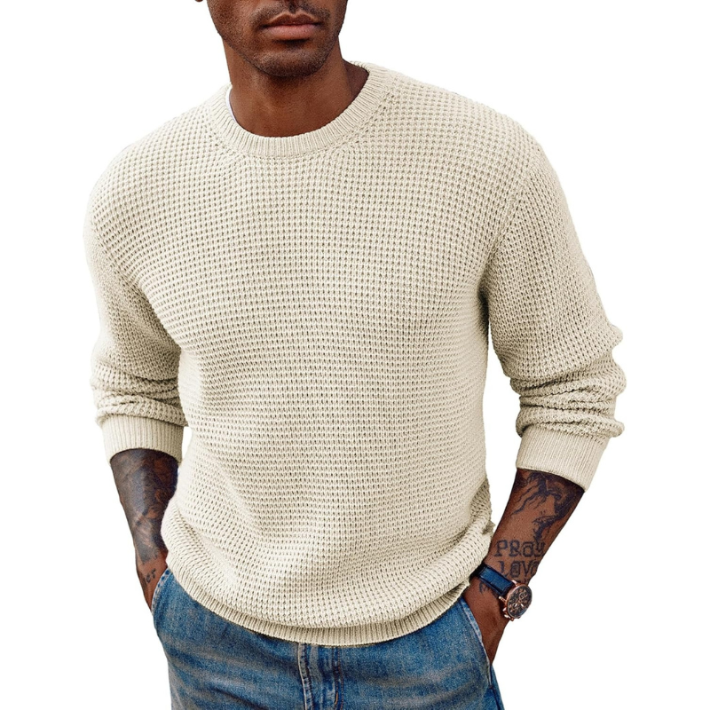 Mens Pullover Sweater Waffle Textured Long Sleeve Knitted Sweaters