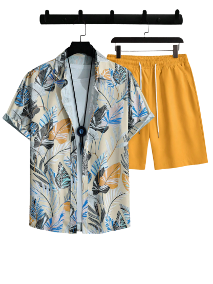 Leaf Print Short Sleeve Shirt And Shorts Set-Vacay Outfit