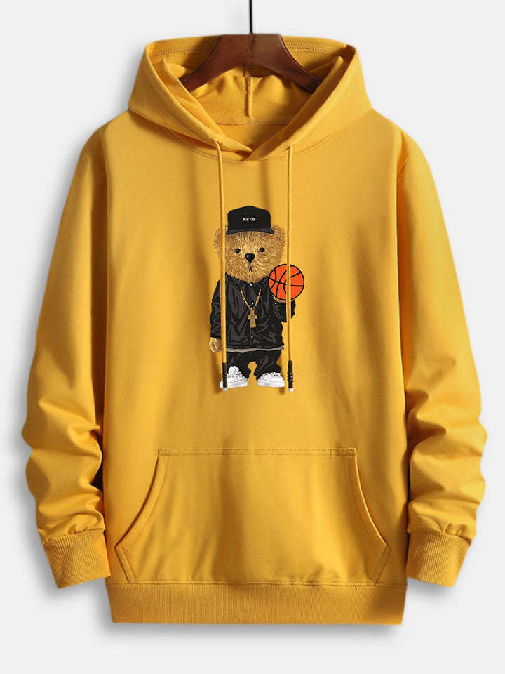Basketball Bear Print Cotton Hoodie-Vacay Outfit