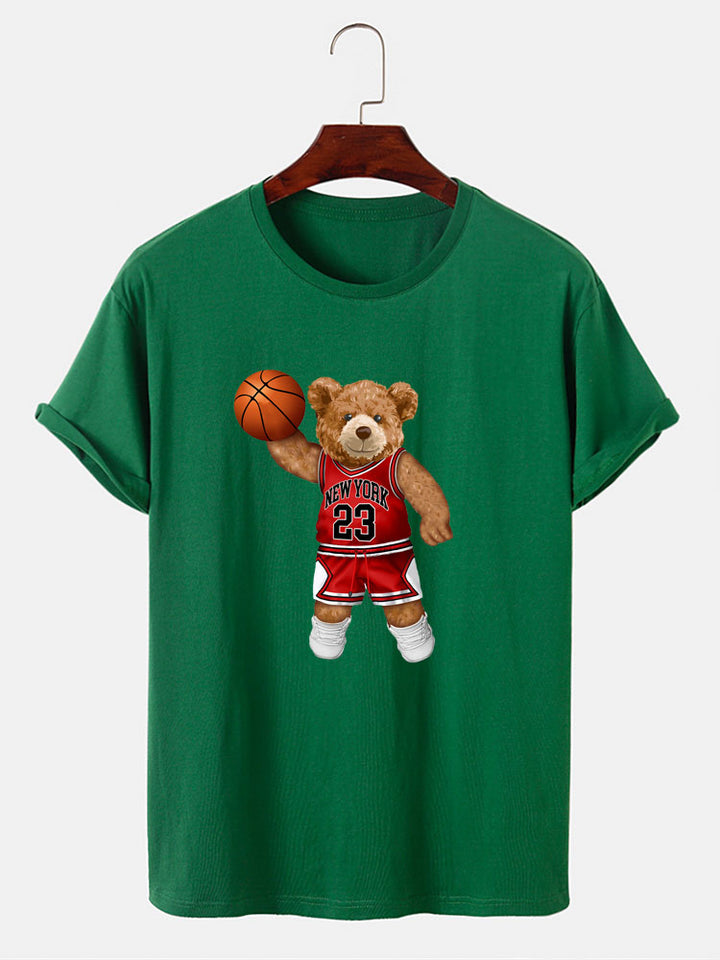 Bear Playing Basketball Print T-Shirt-Vacay Outfit