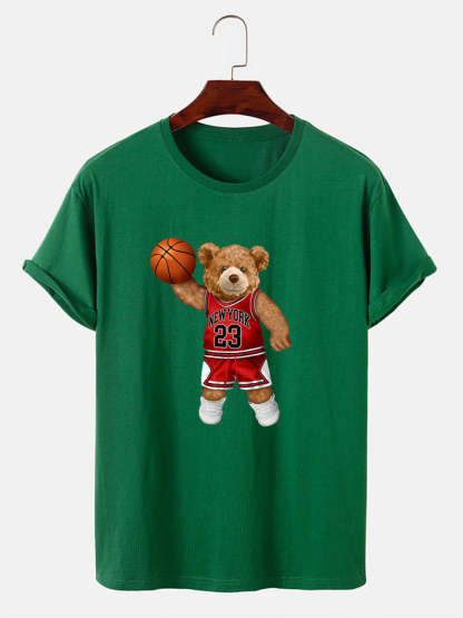 Bear Playing Basketball Print T-Shirt-Vacay Outfit