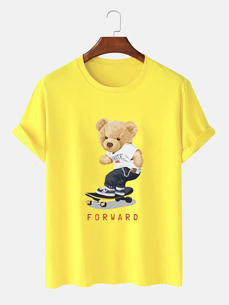 Bear On Skateboard Print T-Shirt-Vacay Outfit