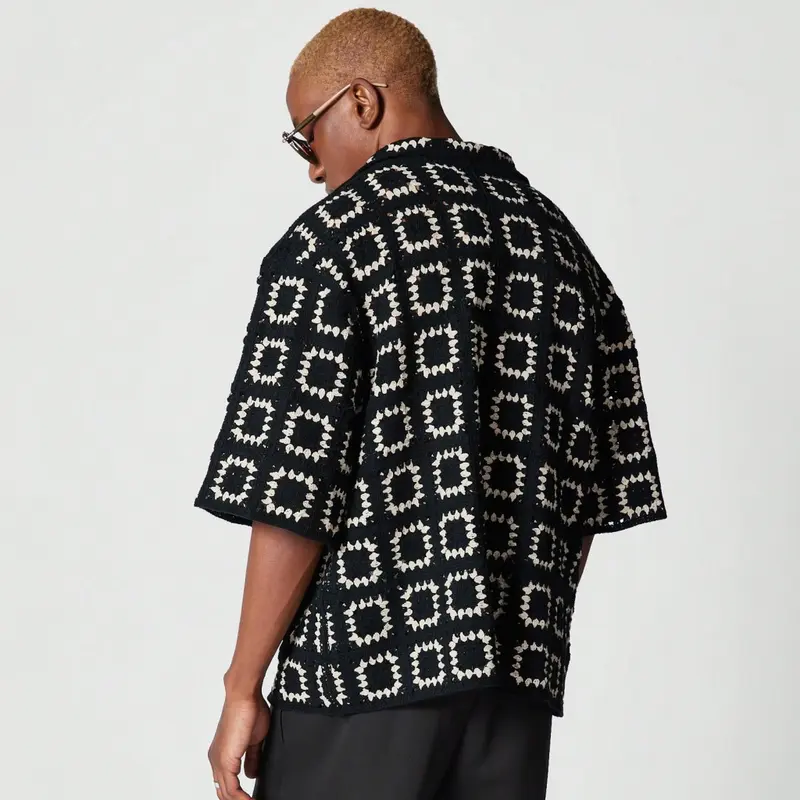  Men's Dark Green Colorblock Knit Short-Sleeve T-Shirt with All Over Print Loose Fit Casual Vacation Wear Tops Button Up