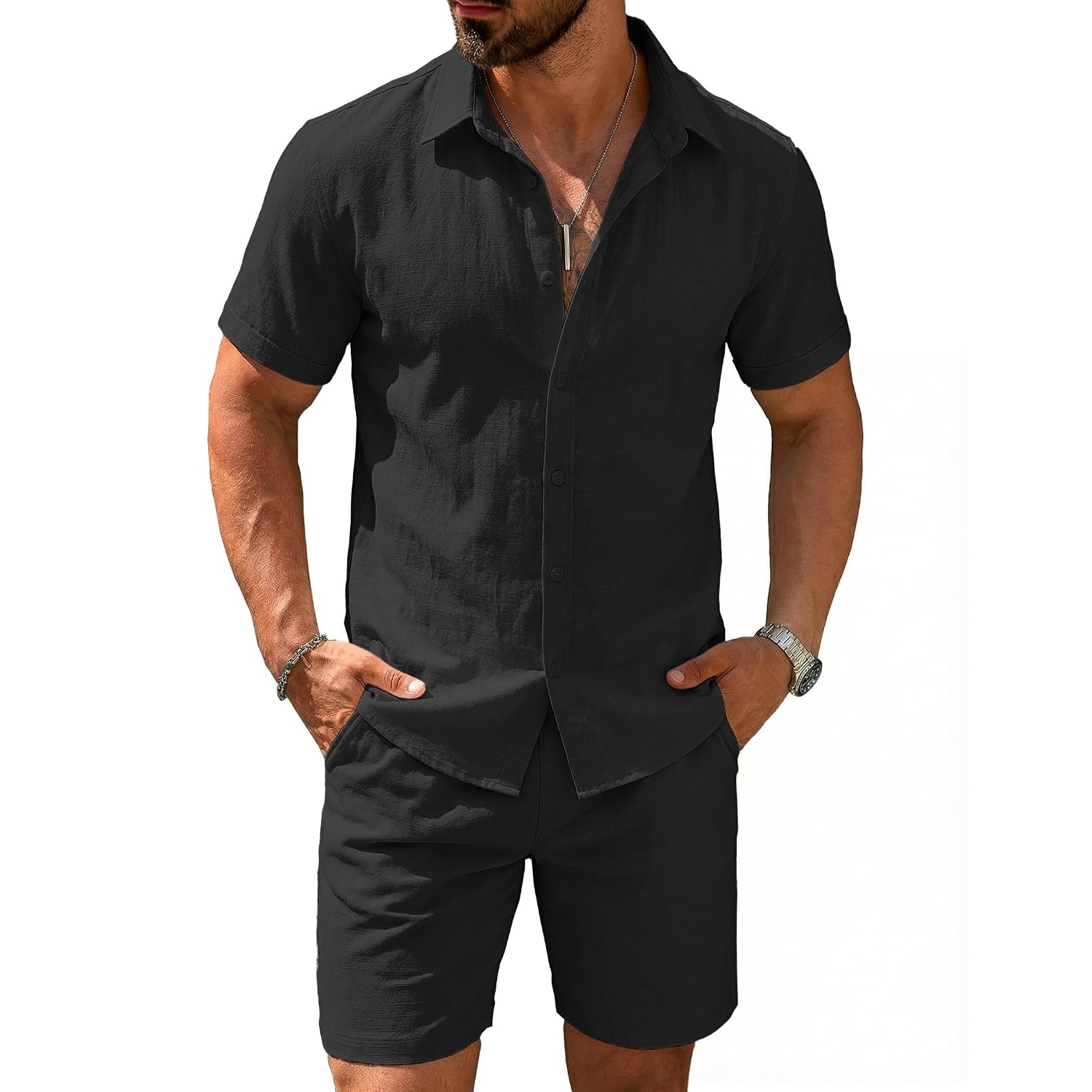 Casual Cotton Linen Summer Beach Wear Shirt And Short Set For Men