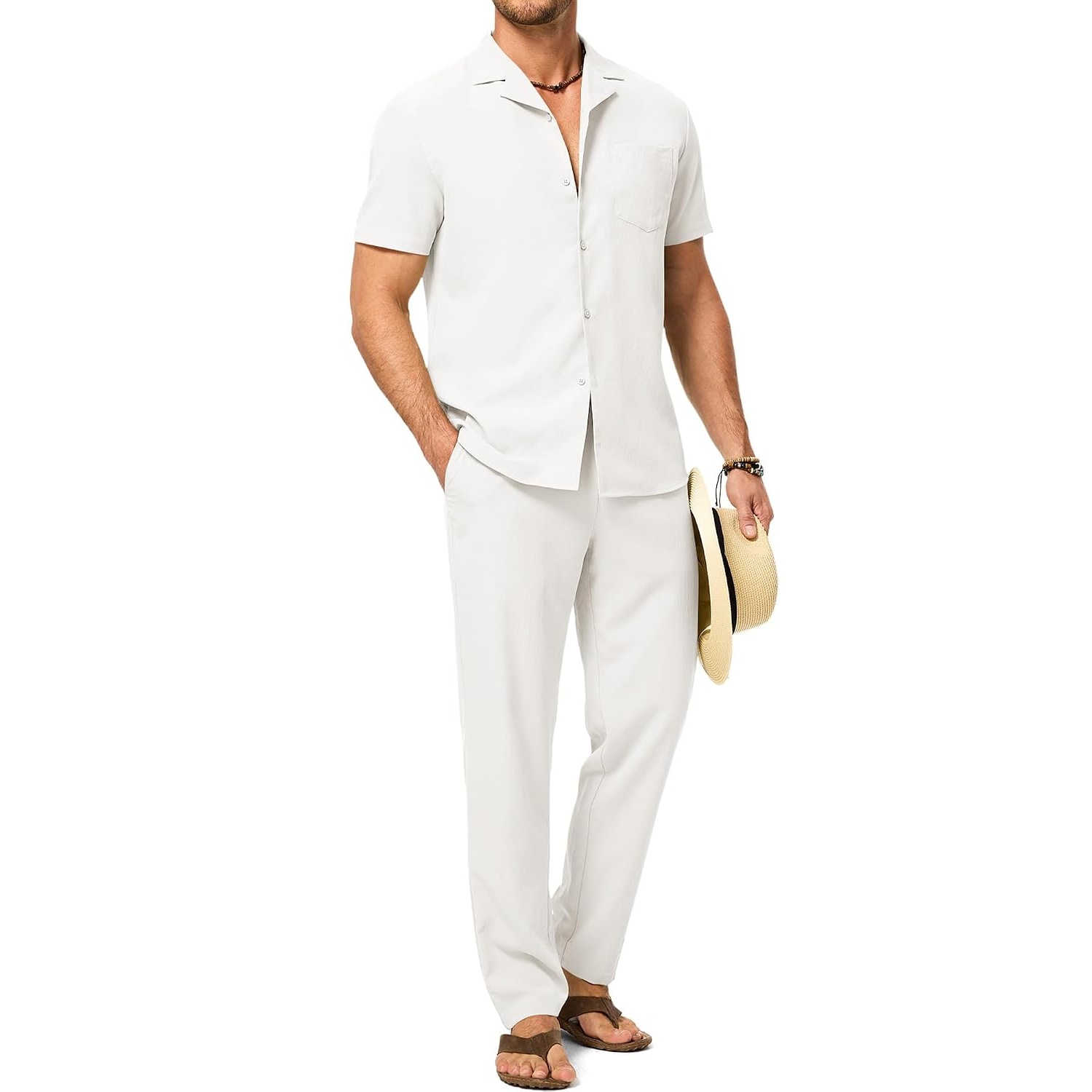 Casual Beach Short Sleeve Shirt And Pant Set For Men