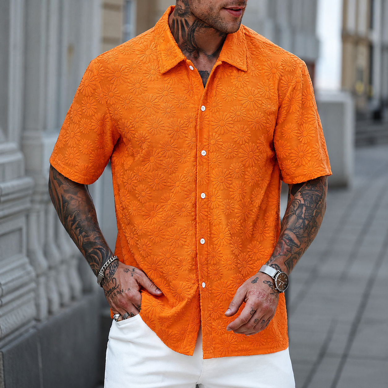 Casual Solid Colored Textured Jacquard Short Sleeve Shirt