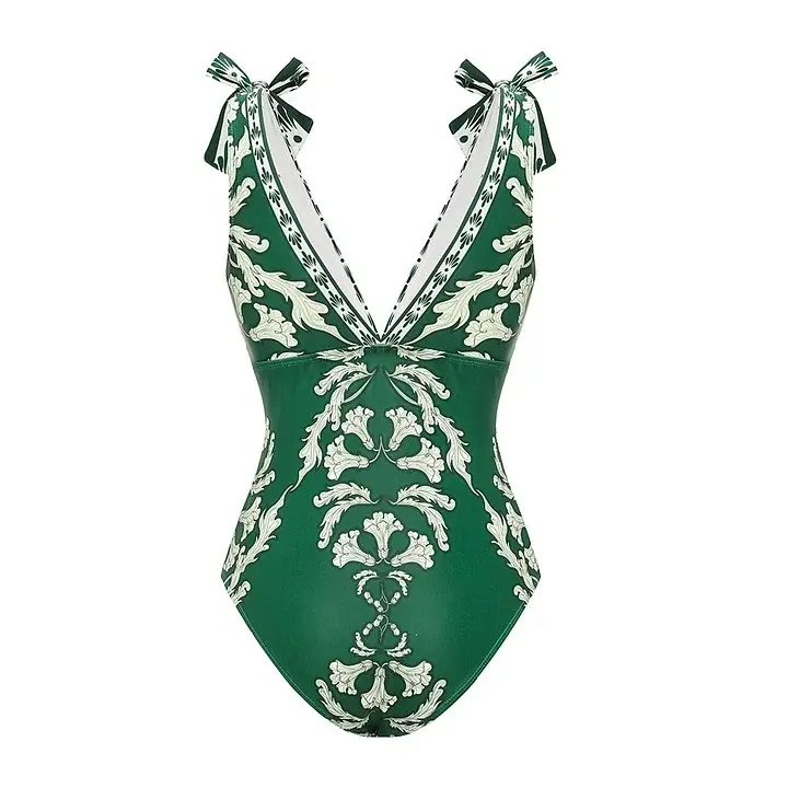 Women's v-neck Green Print One Piece Swimsuit and Matching Cover Skirt Set