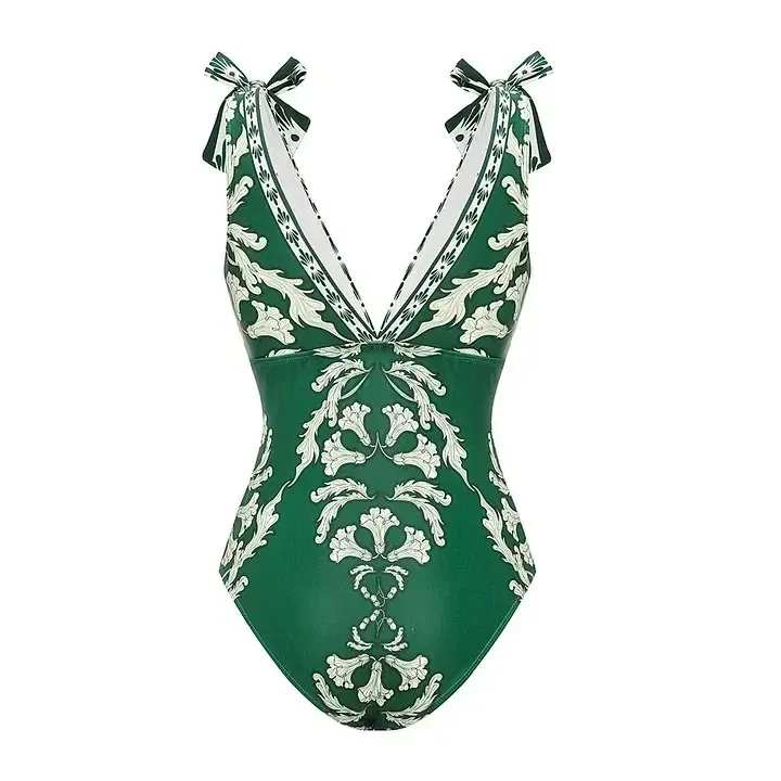 Women's v-neck Green Print One Piece Swimsuit and Matching Cover Skirt Set