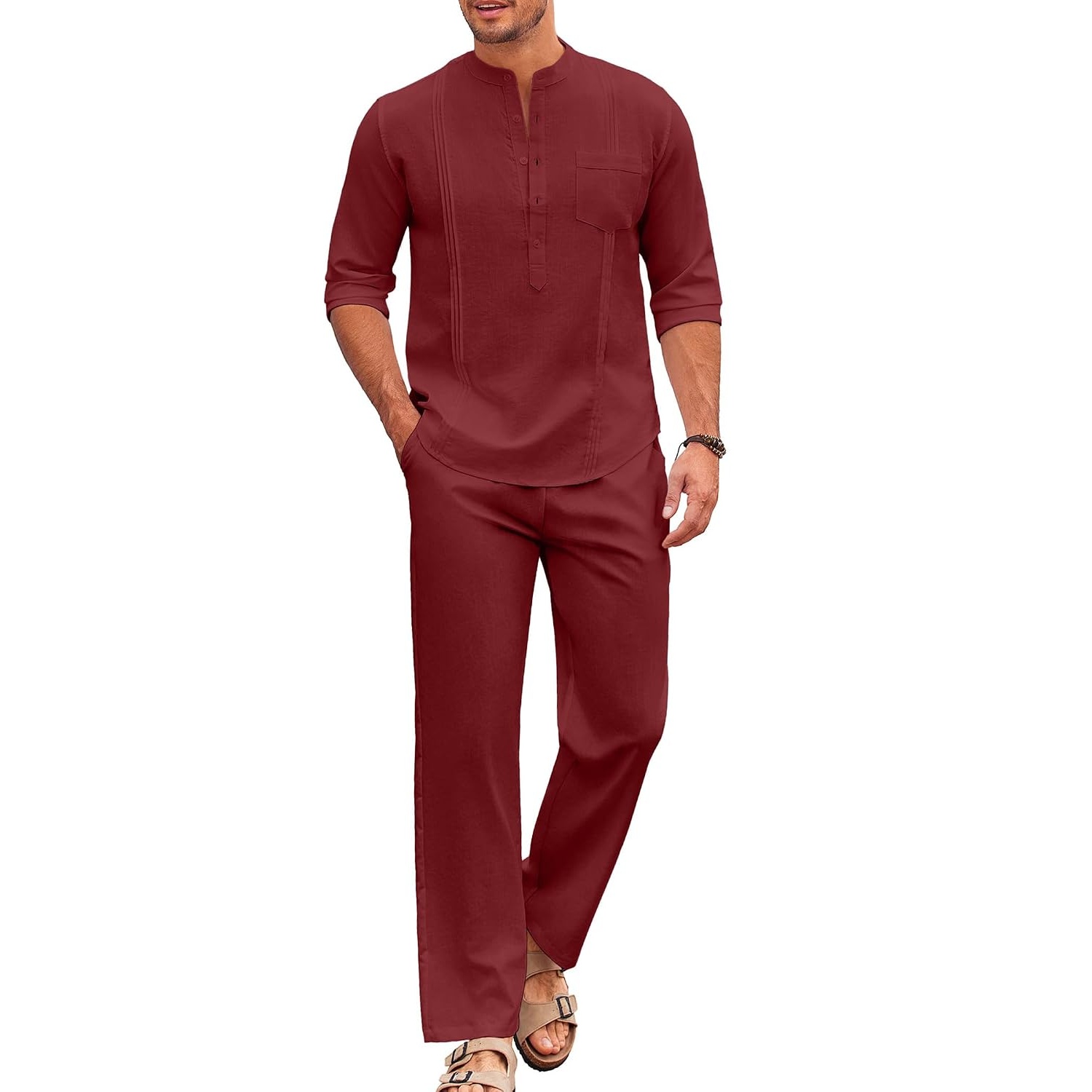 Casual Long Sleeve Loose Beach Shirt And Pant Set For Men