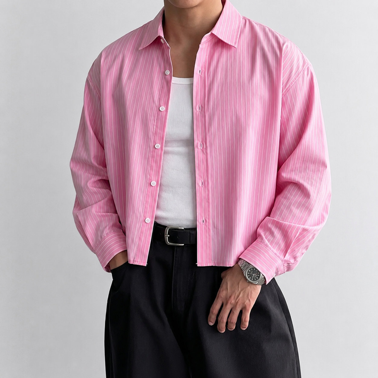  Minimalist Striped Long Sleeve Button Up Cropped Top Shirt For Men