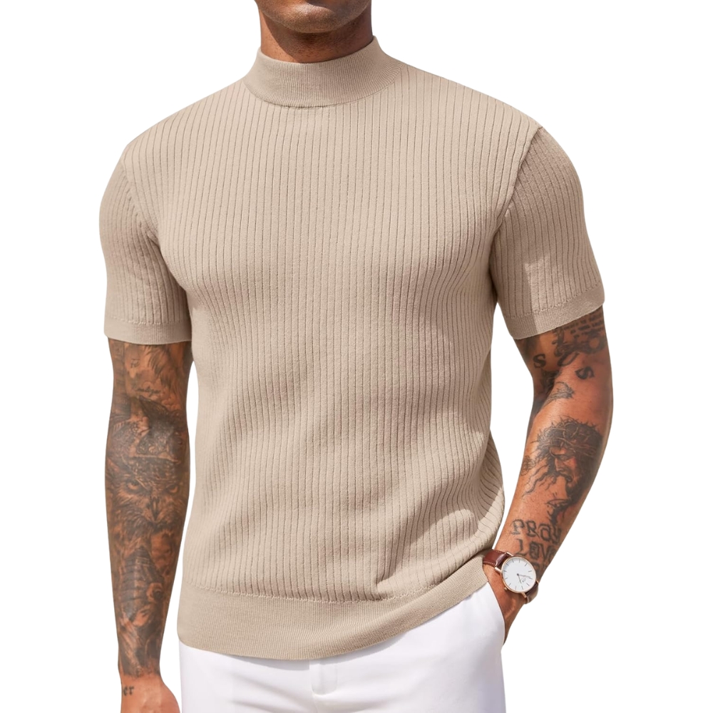Men's Mock Turtleneck Sweater Short Sleeve Casual Basic Tops Ribbed Knit Pullover Solid Tee