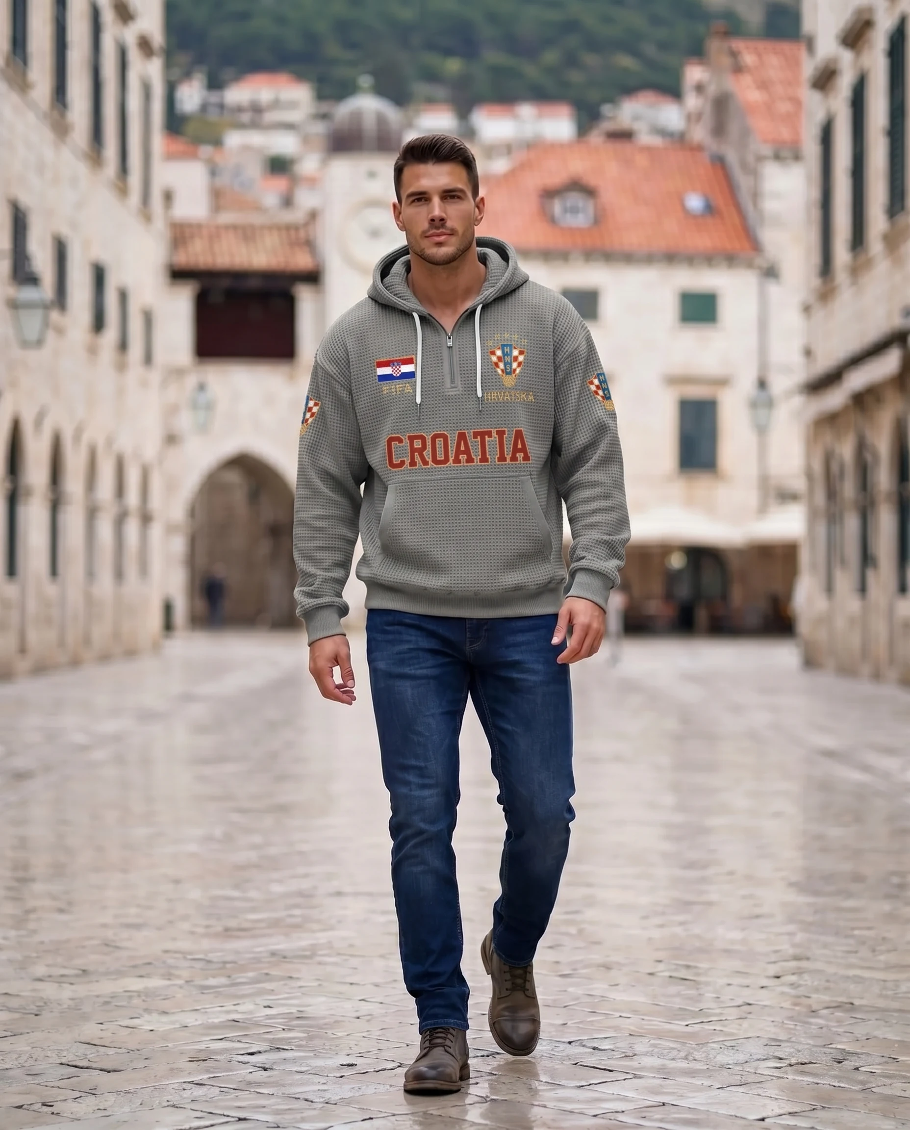 Croatia waffle quarter-zip football fan hoodie