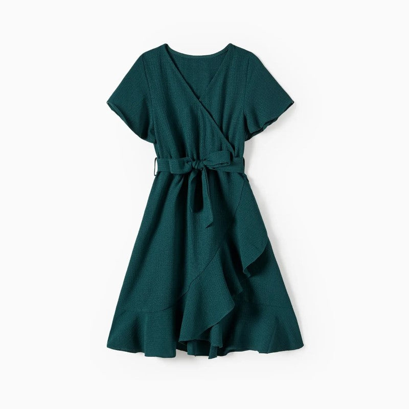 Family Matching Belted Dresses And Short Sleeved Tops Sets-Vacay Outfit