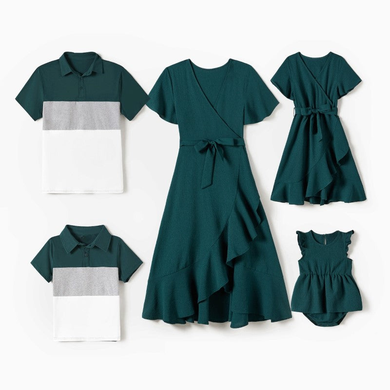 Family Matching Belted Dresses And Short Sleeved Tops Sets-Vacay Outfit