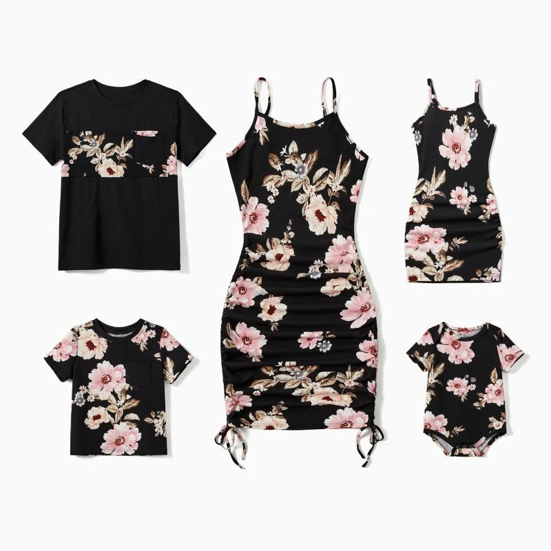 Family Matching Floral Tee And Drawstring Dress Sets-Vacay Outfit