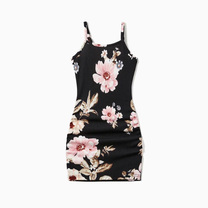 Family Matching Floral Tee And Drawstring Dress Sets-Vacay Outfit