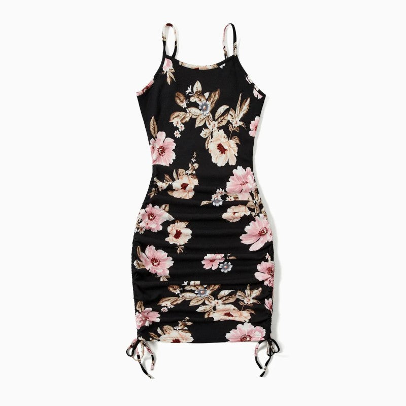 Family Matching Floral Tee And Drawstring Dress Sets-Vacay Outfit