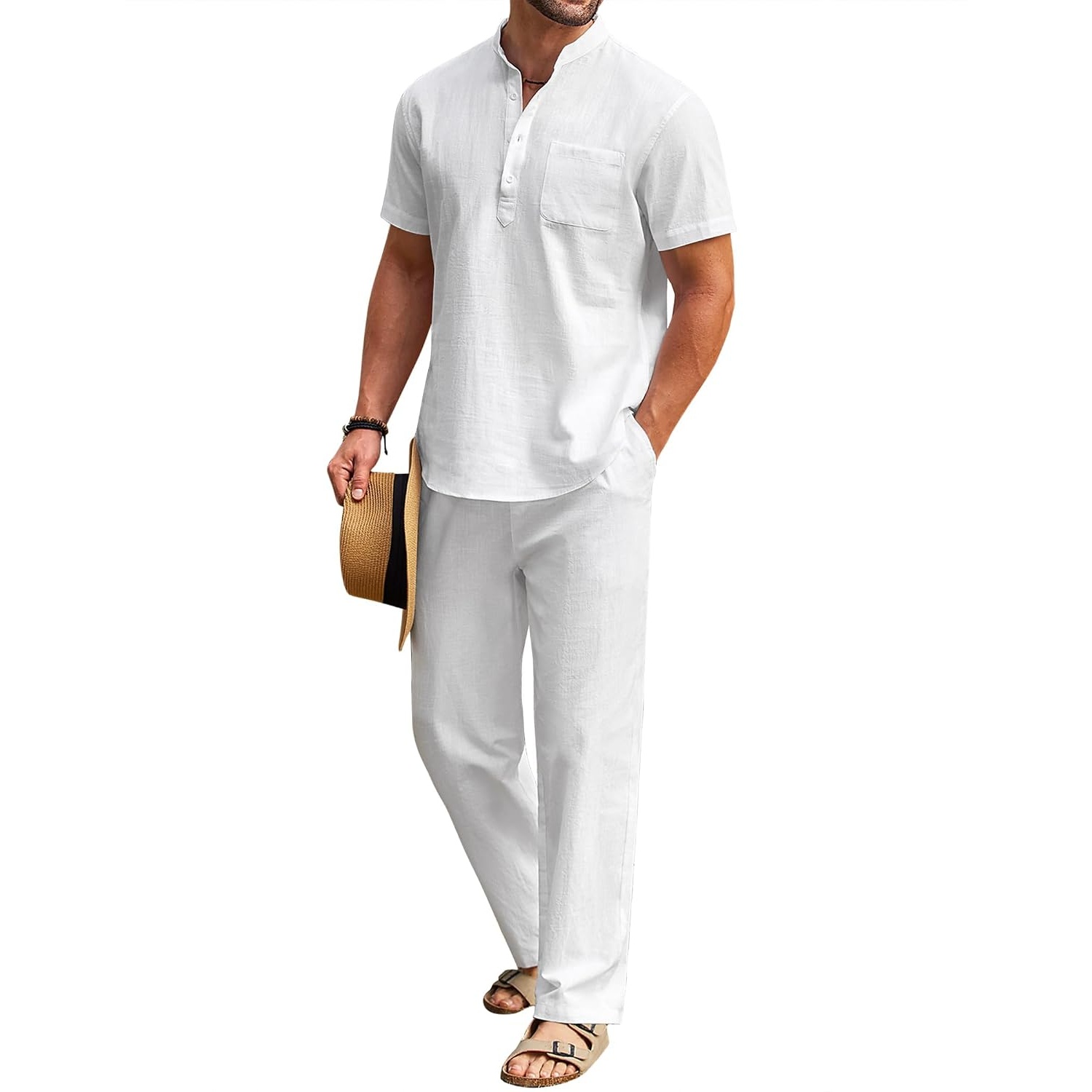 Casual Short Sleeve Cotton Linen Shirt And Pant Set For Men