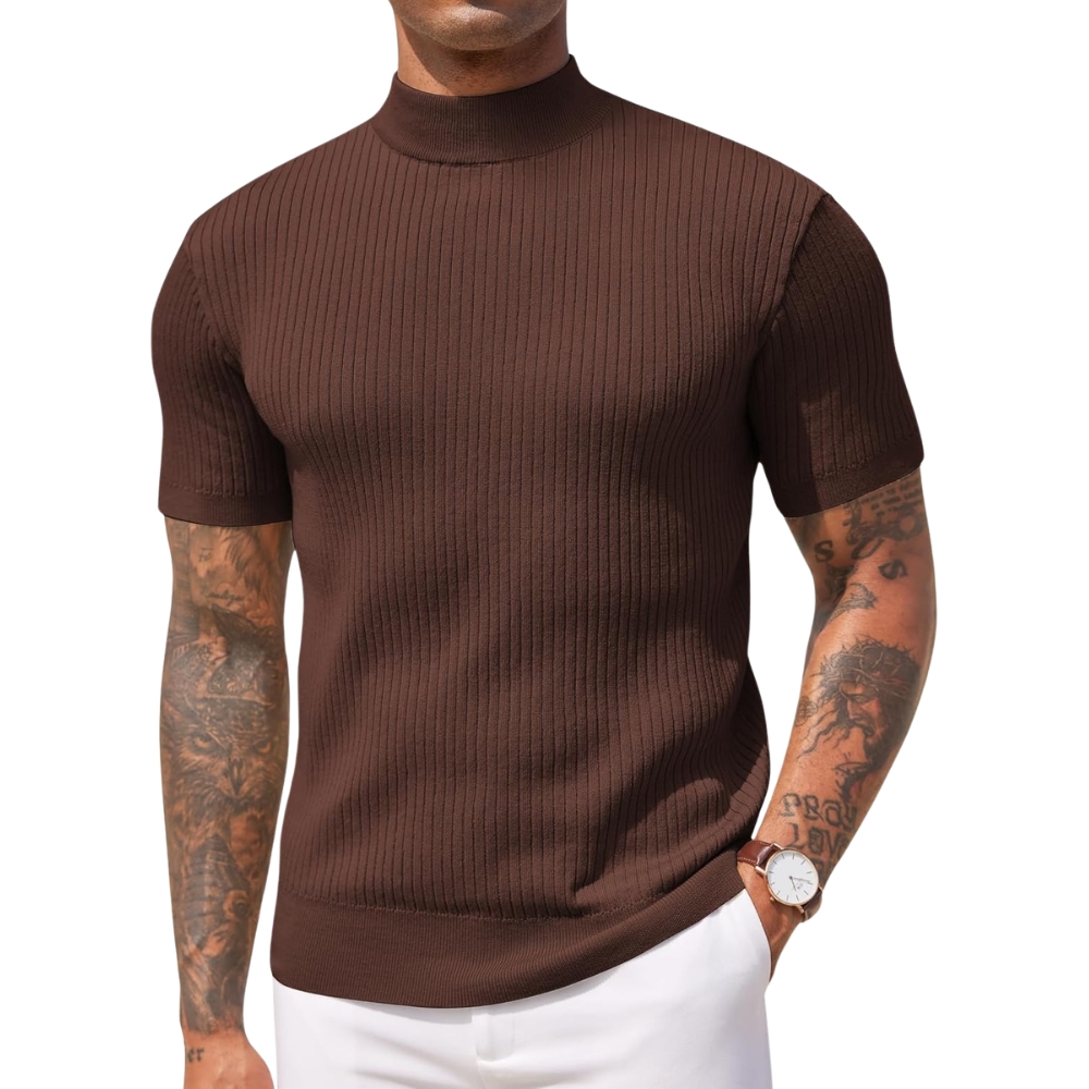 Men's Mock Turtleneck Sweater Short Sleeve Casual Basic Tops Ribbed Knit Pullover Solid Tee