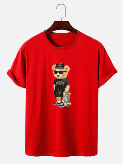Bear With Skateboard Print T-Shirt-Vacay Outfit