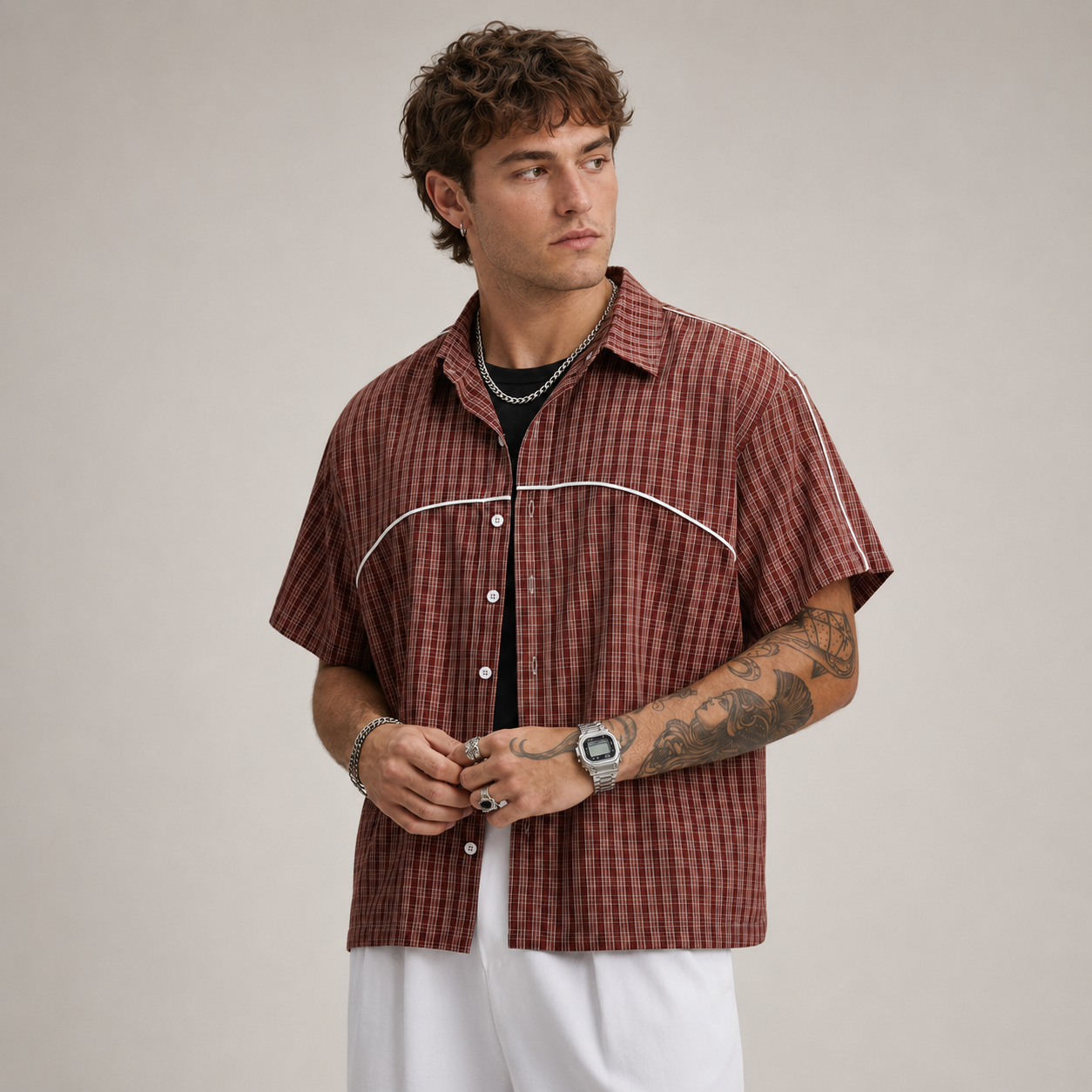 Casual Streetwear Retro Summer Short Sleeve Plaid Patchwork Loose For Men