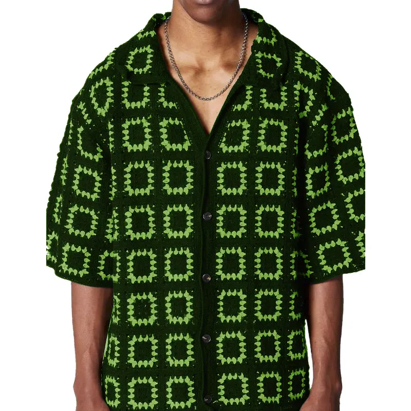  Men's Dark Green Colorblock Knit Short-Sleeve T-Shirt with All Over Print Loose Fit Casual Vacation Wear Tops Button Up